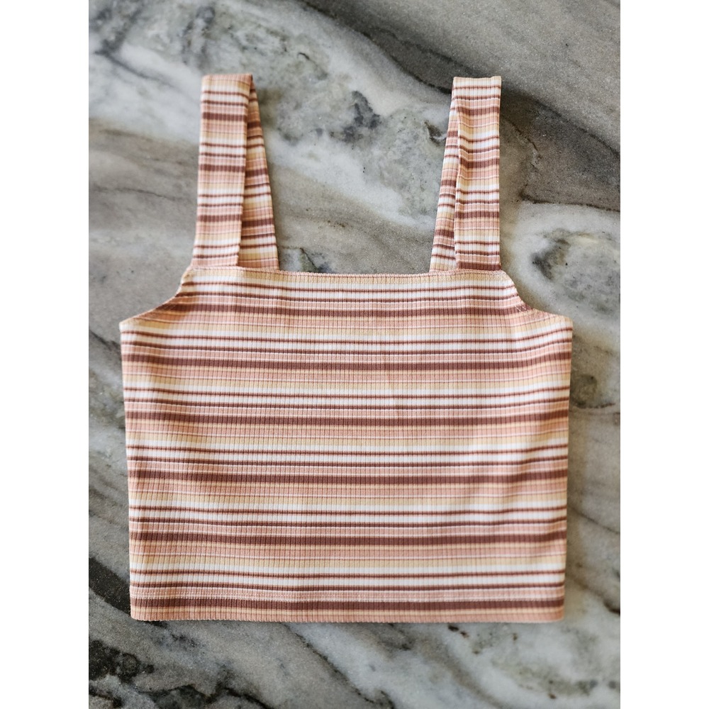 NWT American Eagle Striped Ribbed Square Neck Crop Tank Top Brown Tan XS